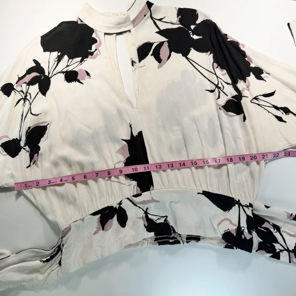 Free People Long Sleeve Ivory Black Floral Print Top Cutouts Tie Waist L‎